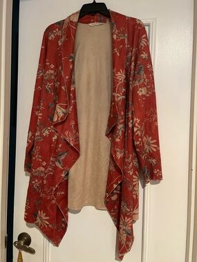 Soft Surroundings Red Floral Faux Suede Openfront Cardigan